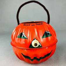 Vintage Halloween Jack O Lantern Bucket US Metal Toy Tin Litho Whistle Nose 50s picture