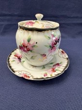 Vintage Porcelain Lidded Sugar Bowl w/ Underplate Hand Painted Floral picture