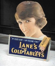 antique LANE'S COLD TABLETS cardboard STORE STANDING DISPLAY kemp leroy ny GIRL picture