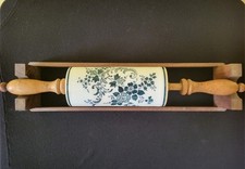 Antique White Ceramic Rolling Pin with Floral Motif and Wood Spindle Handle picture