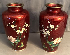 Pair of Vintage Japan SATO Cloisonne Floral Design Vases picture