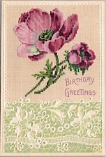 c1910s BIRTHDAY GREETINGS Embossed Postcard Needlepoint Design / Purple Flower picture