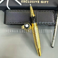 MONTBLANC Gold Textured Basket Weave Rollerball Pen Black Accent Luxury Rare picture