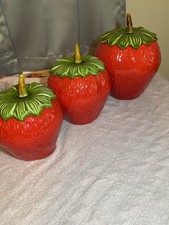 Vtg. Set of 3 California Pottery Strawberries Ceramic Cookie Jars, See Descrip. picture