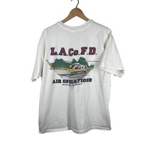 Vintage LA County Fire Dept Air Operations Helicopter Graphic T-Shirt White XL picture