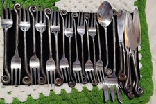 Vintage POTTERY BARN FIDDLEHEAD - FERN Black Iron Stainless Steel Flatware 22pcs picture