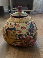 Vintage Balinese Hand-Painted Kamasan Folk Art Gourd Pot with Wooden Lid picture