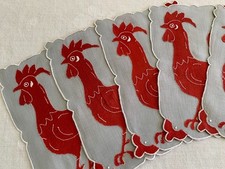 Vintage Cocktail Napkins Madeira Embroidered Rooster Large Applique Set of 8 picture