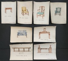 1940s antique FURNITURE DESIGN SKETCH PRINTS 8pc hand-colored art CONTRACT SALES picture