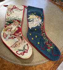 2 Wool Needlepoint Christmas Stockings Handmade Sferra no longer a tag Vintage picture