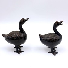 Vintage Pair Cast Metal Duck Figurines Dark Bronze Tone Heavy Bird Statues 6in picture