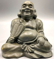Vintage Laughing Buddha Hotei Cast Metal Figurine Grey Finish 4.5