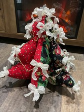 Vintage  13” Christmas Tree Handmade Stuffed Tabletop Plush Fabric Bows Bells picture