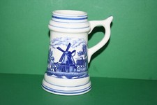 Vtg Beer Stein Small Delft Style Blue & White Glazed Bisque Porcelain Windmill picture