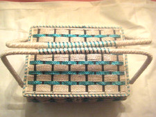 Vintage 70's Woven Faux Wicker Sewing Basket Blue Trim Storage Box picture