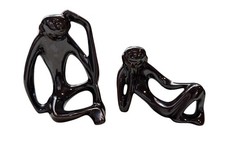 Vintage Pair MCM Thinking Sitting Monkeys Gloss Black Ceramic picture