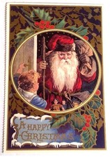 A HAPPY CHRISTMAS Postcard Victorian Santa at Door HTF MINT CONDITION Shackman picture
