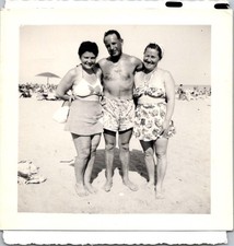 Vintage 1953 Beach Photo Man Two Women Swimsuits Handwritten Nords Summer picture