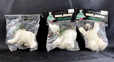 Lot of 3 Fuzzy Flocked WHITE POLAR BEAR Christmas Ornaments - New Old Stock picture
