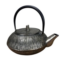 Vintage EPOCH Cast Iron Teapot Tetsubin Silver Textured Ribbed Kettle Infuser picture