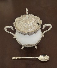 Decorative Sugar Bowl-Glass with metal edges and teaspoon picture