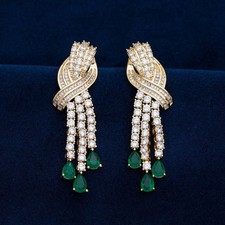 Princess Kate’s Tassel Dangler Earrings Emerald & Diamond 14k Yellow Gold Plated picture