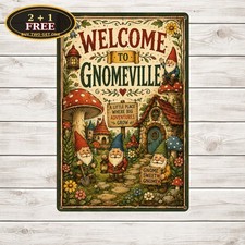Welcome To Gnomeville Whimsical Fairy Garden Lawn Metal Plaque Sign picture