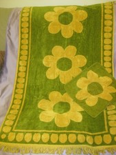 Vintage Cannon Royal Family Daisies Olive Green Gold Bath/Wash Towels Set picture