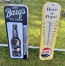 2 ORIGINAL SODA THERMOMETERS= PEPSI COLA & BARQS ROOTBEER Signs Vintage Works picture