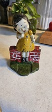 ANTIQUE ALBANY 134 CAST IRON SCHOOL GIRL IN Yellow DRESS on BRICK WALL DOORSTOP picture