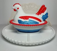 1 Of A Kind Hand-Painted Patriotic Indiana Milk Glass Hen on Nest w/ Tray Signed picture