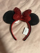 2026 Disney Parks Minnie Mouse Bow Black and Red Rhinestone Ears Headband picture