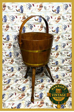 Vintage Wooden Bucket Planter on Legs Brass Tone Bands Handle Farmhouse Decor picture