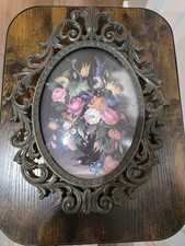 Vintage Italian Ornate Brass Oval Frame Convex Bubble Glass Floral Still Life  picture
