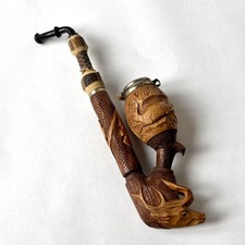 Antique Smoking Tobacco Pipe Hand Carved Wood Deer Forest Stag Hunter Folk Art picture