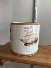 Vintage Chinese Porcelain Tobacco Humidor Jar Sailing Ship Floral 5” No Lid picture