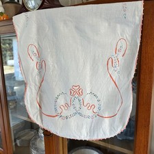 VTG Hand Painted Floral Table Runner Crochet Trim White Linen Cottagecore picture