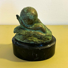 Vintage Bronze Hand Holding Globe Sculpture – Green Patina – Black Marble Base picture