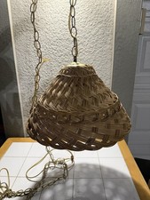 Vintage Wicker Rattan Hanging Swag Lamp Floral Milk Glass Globe Boho 70s picture