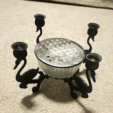 Black Metal Swan Candelabra w/ Clear Glass Bowl Insert, Holds Taper Candle picture