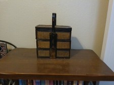 Vintage Chinese Handled Wood and Metal Wedding Basket with Three Compartments picture