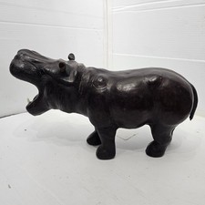 Vintage MCM Leather Wrapped Hippo Sculpture Open Mouth Glass Eyes Figurines 13” picture