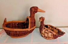 2 Mini Vintage Brown Wicker Duck Figurine Trinket Basket Country Goose Duck💙 picture