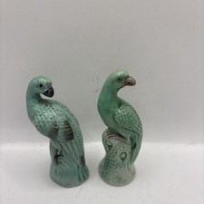 Vintage Pair Chinese Export Green Porcelain Parrot Figurines Sancai Mini RARE picture