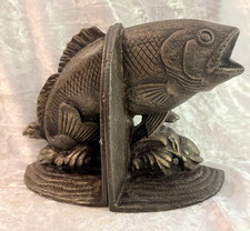 Vintage Cast Iron Fish Bookends Pair Large Mouth Bass Fishing Decor picture
