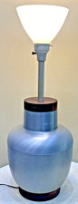 VTG MID CENTURY OVERSIZE BRUSHED ALUMINUM TEAK BASED ACCENT FROSTED SHADE LAMP picture