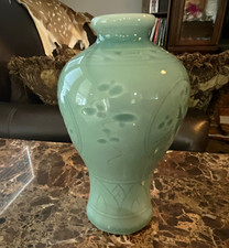 Vintage Celadon Chinese Vase with Floral & crane design.Original stamp on bottom picture