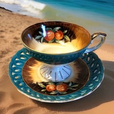 Gorgeous Footed Tea Cup & Saucer Peaches On A Green Leaf Japan FRUIT By The Sea picture