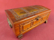 VINTAGE 40s CARVED CEDAR WOOD JEWELRY KEEPSAKE BOX W/ MIRROR & DECOUPAGE picture
