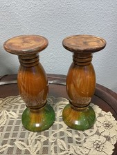 Pair Vtg Ceramic Brown Green Candle Holders Handmade & Painted Bohemian Spindle picture